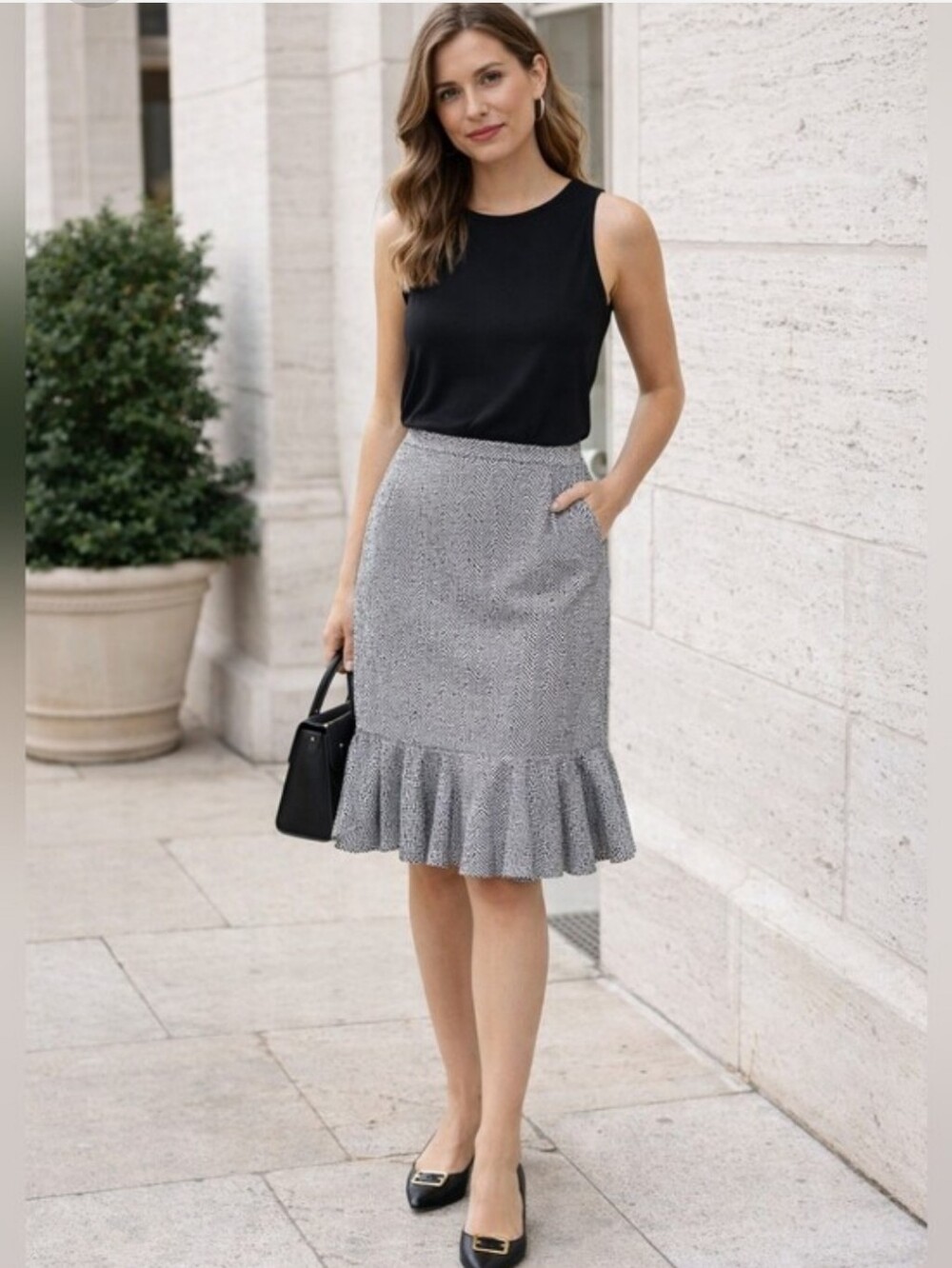 NWOT Hanna Andersson Black Gray Herringbone Peplum Pencil Skirt Size 4